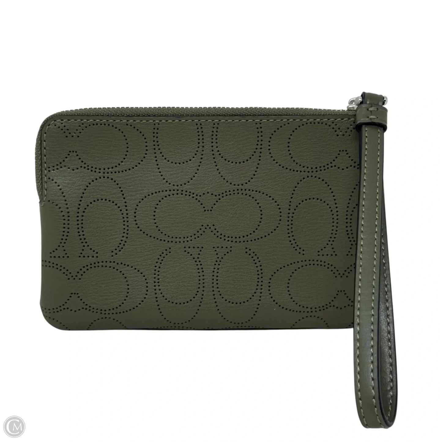 Perforated Leather Signature Corner Zip Wristlet Designer By Coach, Size: Medium