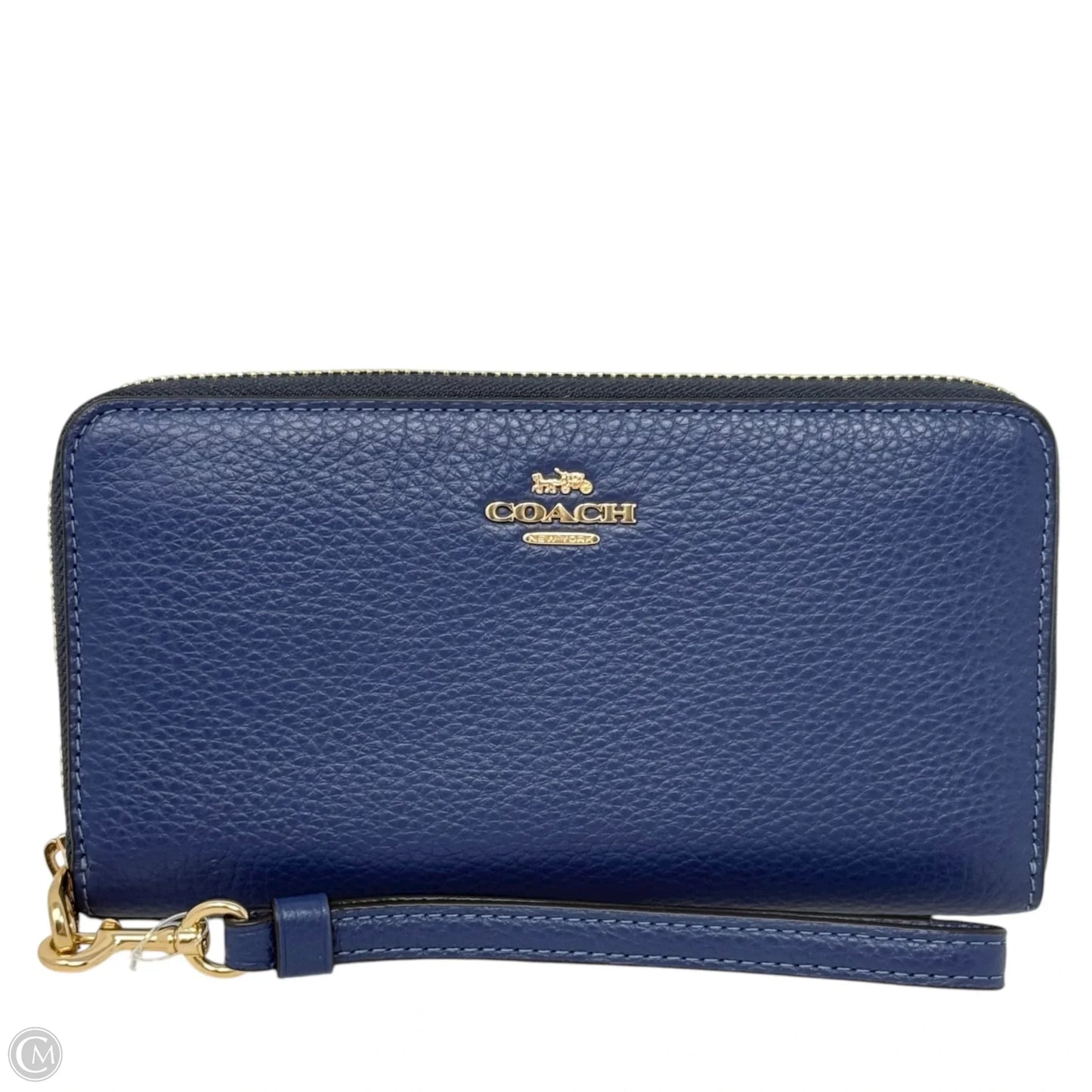 Long Zip Around Wallet Wristlet Designer By Coach In Gold Deep Blue, Size: Medium