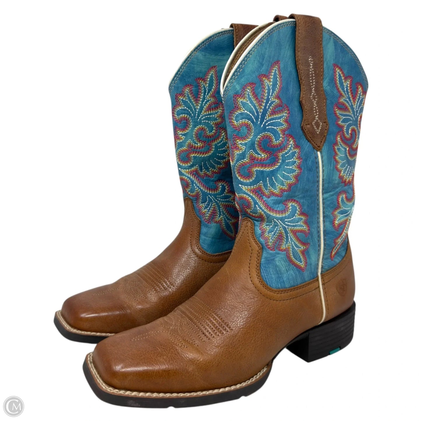 Round Up StretchFit Wide Square Toe Western Boots By Ariat In Blue & Tan, Size: 8