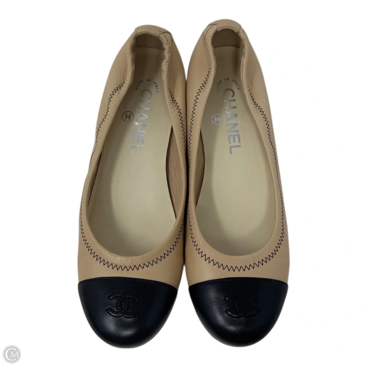 CC Leather Cap Toe Ballet Flats Shoes Luxury Designer By Chanel In Black & Tan, Size: 6.5