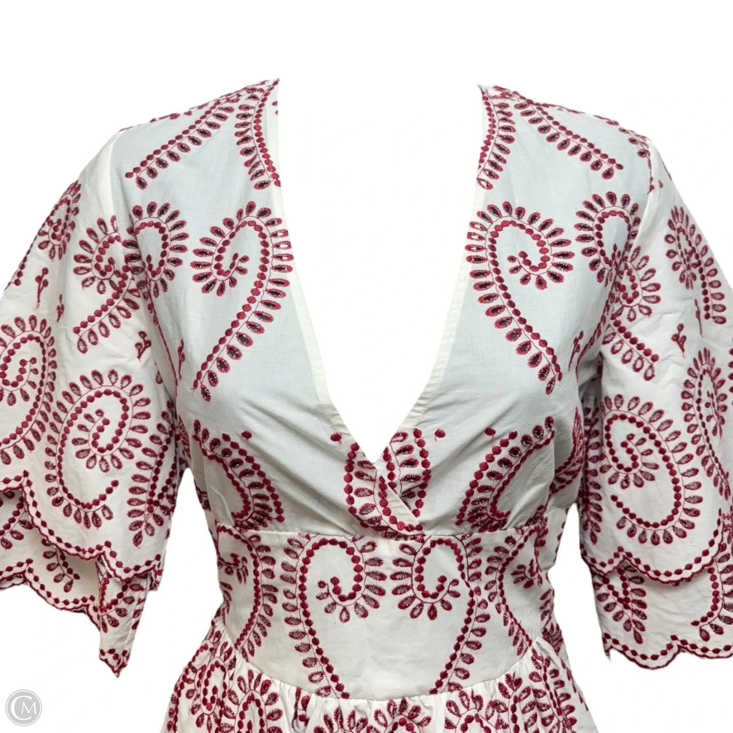 Remember Embroidered Tiered Scallop Hem Dress Casual Short By Maje In Red & White, Size: S