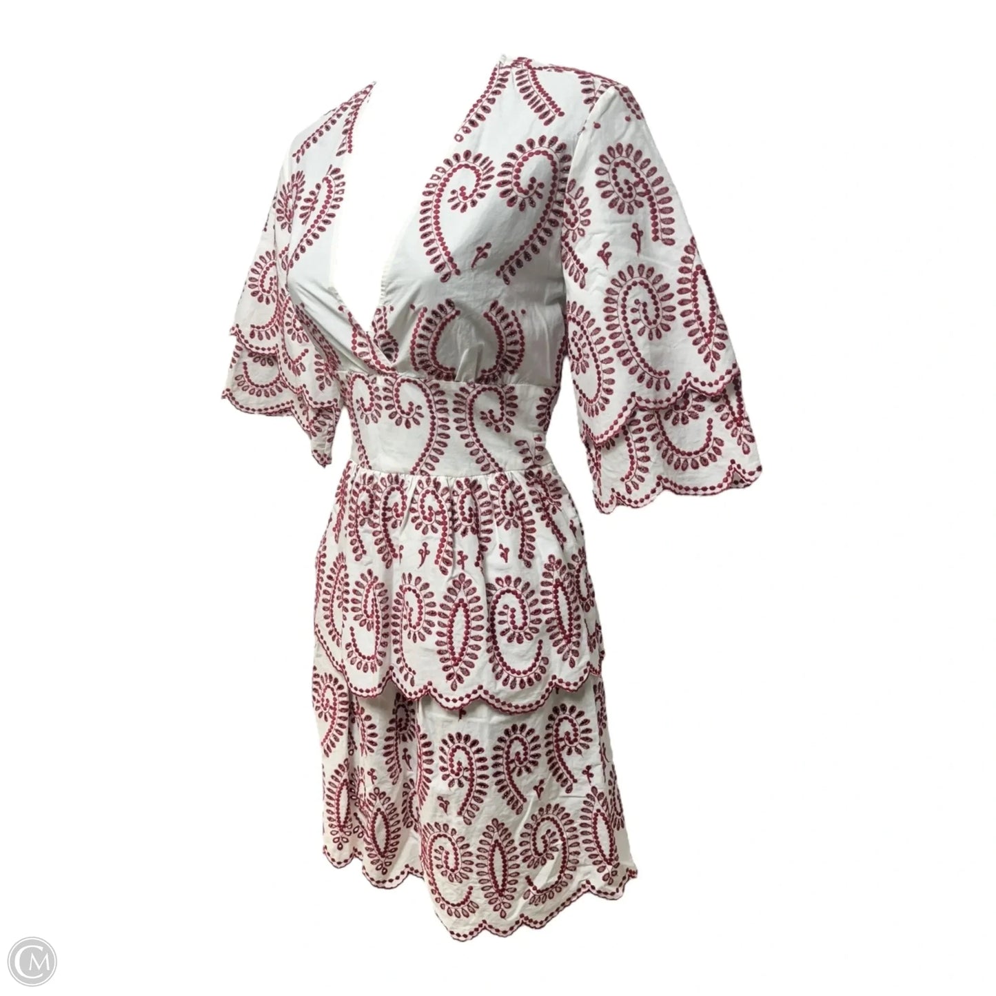Remember Embroidered Tiered Scallop Hem Dress Casual Short By Maje In Red & White, Size: S