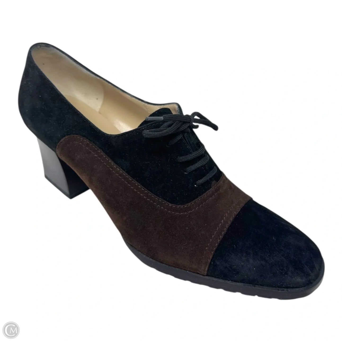 Arca Suede Lace Up Heeled Oxfords Designer By Ferragamo In Black & Brown, Size: 8.5