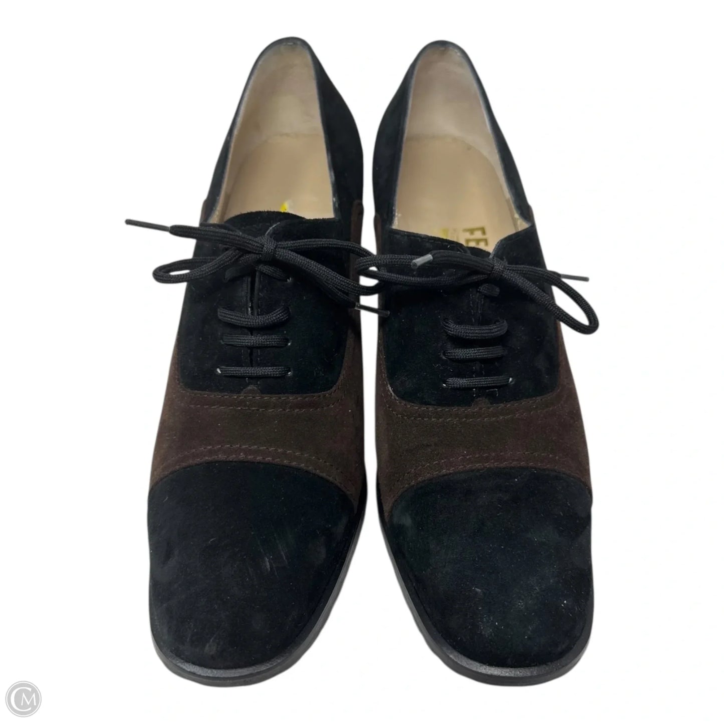 Arca Suede Lace Up Heeled Oxfords Designer By Ferragamo In Black & Brown, Size: 8.5