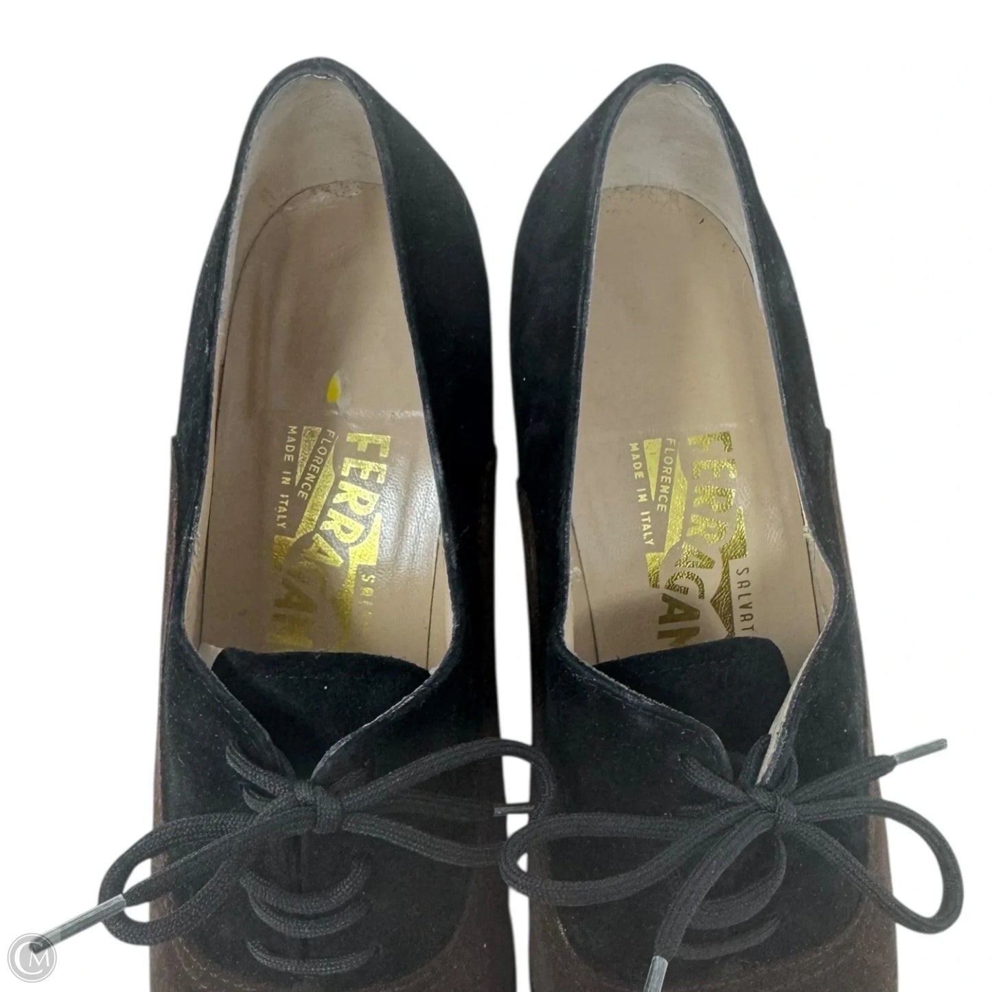 Arca Suede Lace Up Heeled Oxfords Designer By Ferragamo In Black & Brown, Size: 8.5