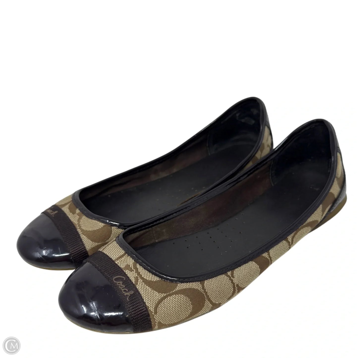 Cecile Canvas Signature Logo Patent Cap Toe Flats Designer By Coach In Brown & Tan, Size: 8