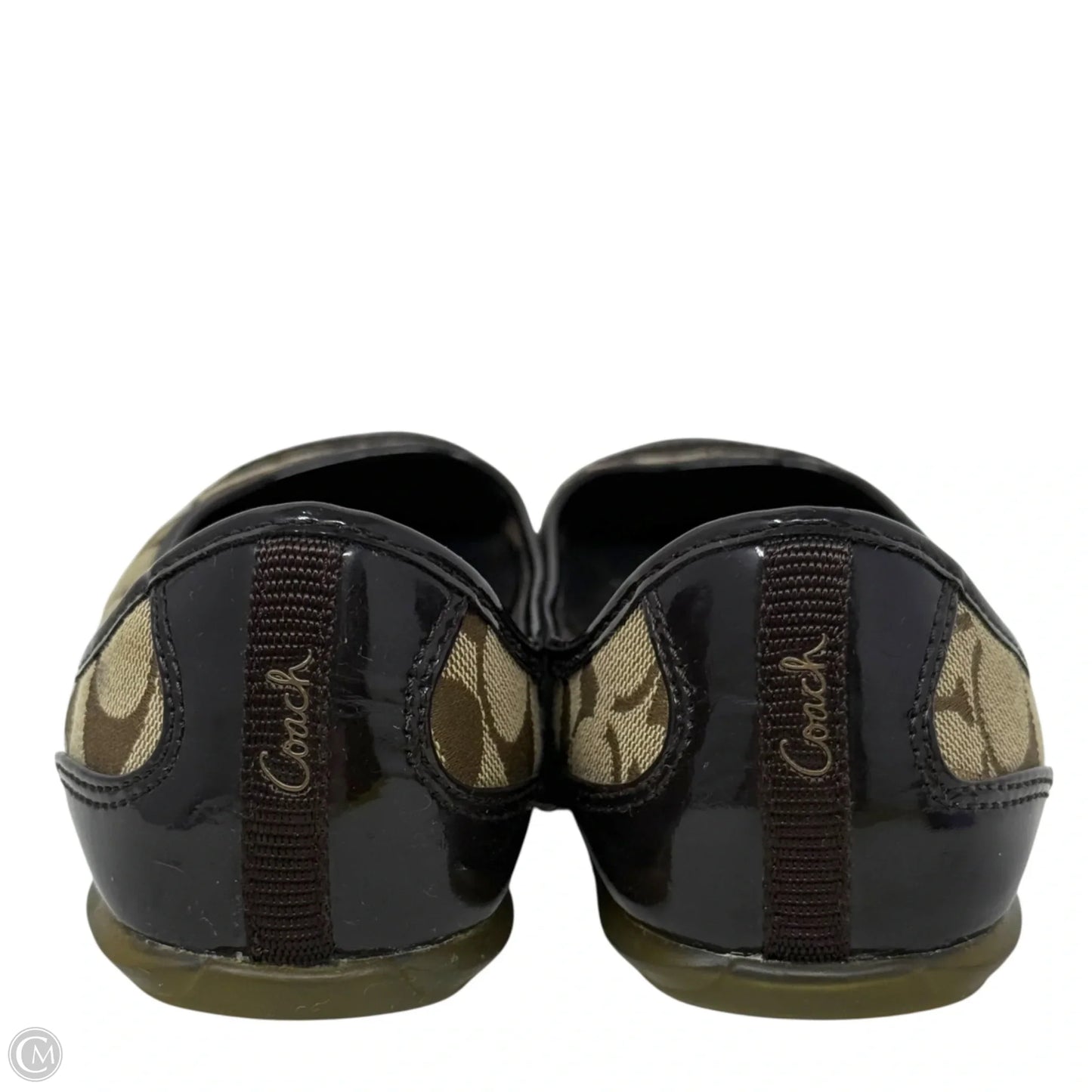Cecile Canvas Signature Logo Patent Cap Toe Flats Designer By Coach In Brown & Tan, Size: 8