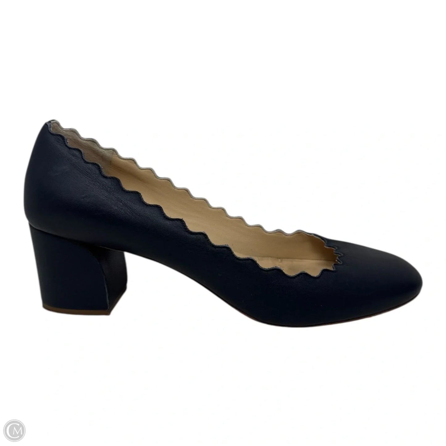 Scalloped Block Heel Shoes Luxury Designer By Chloe In Navy, Size: 9 (IT 39)