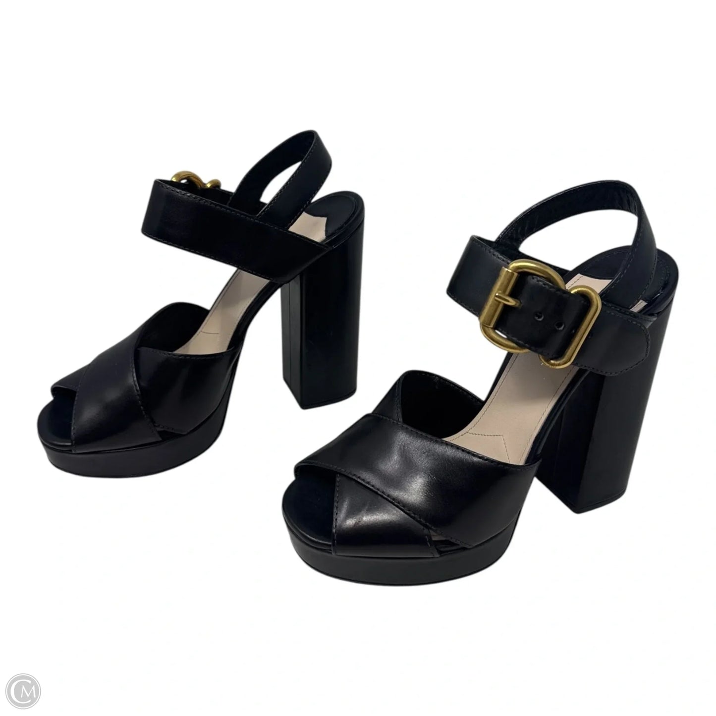 Platform Buckle Block Heels Shoes Luxury Designer By Prada In Black, Size: 11 (IT 41)