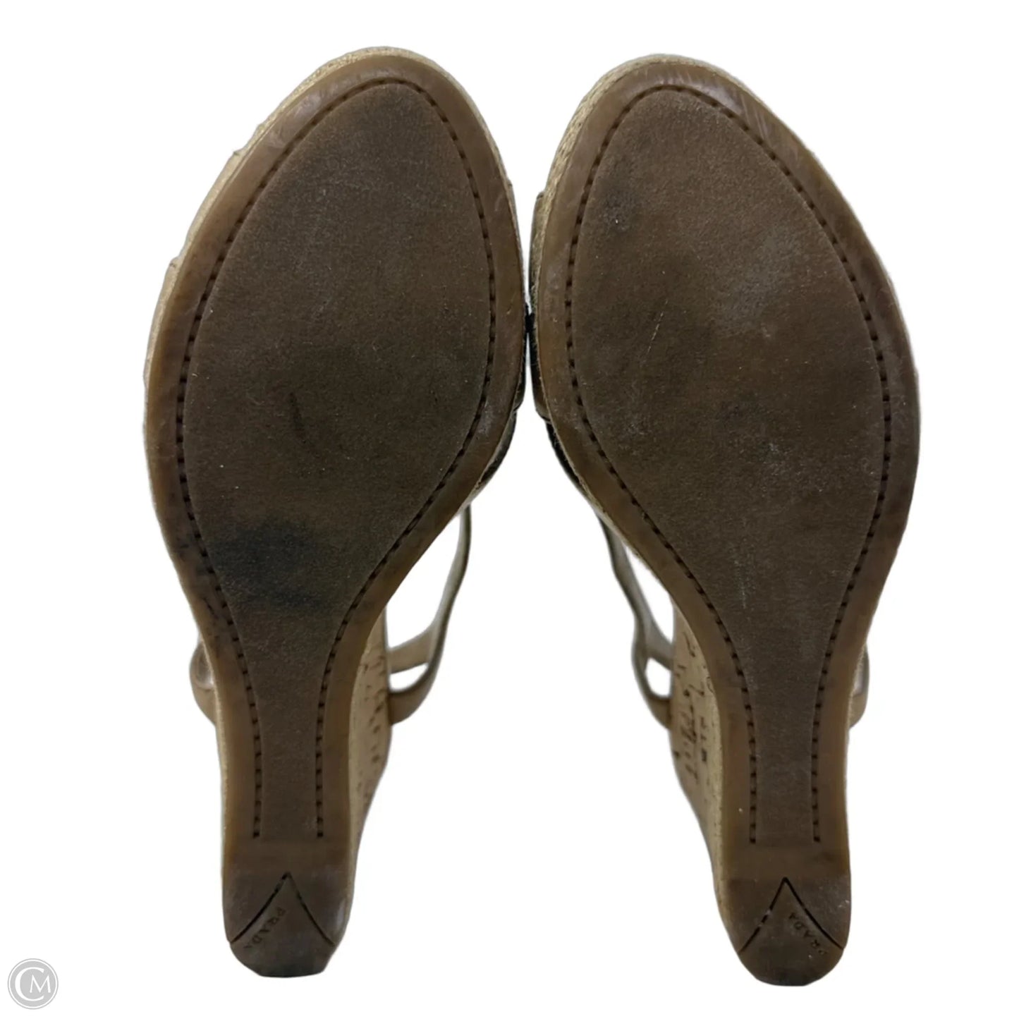 Leather and Cork Espadrille Wedge Sandals Luxury Designer By Prada In Tan, Size: 8