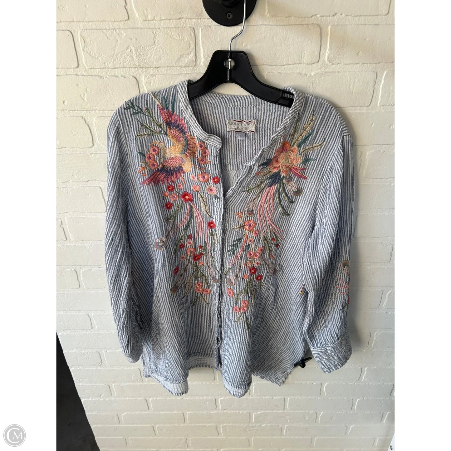 Top Long Sleeve By Johnny Was In Blue & White, Size: L