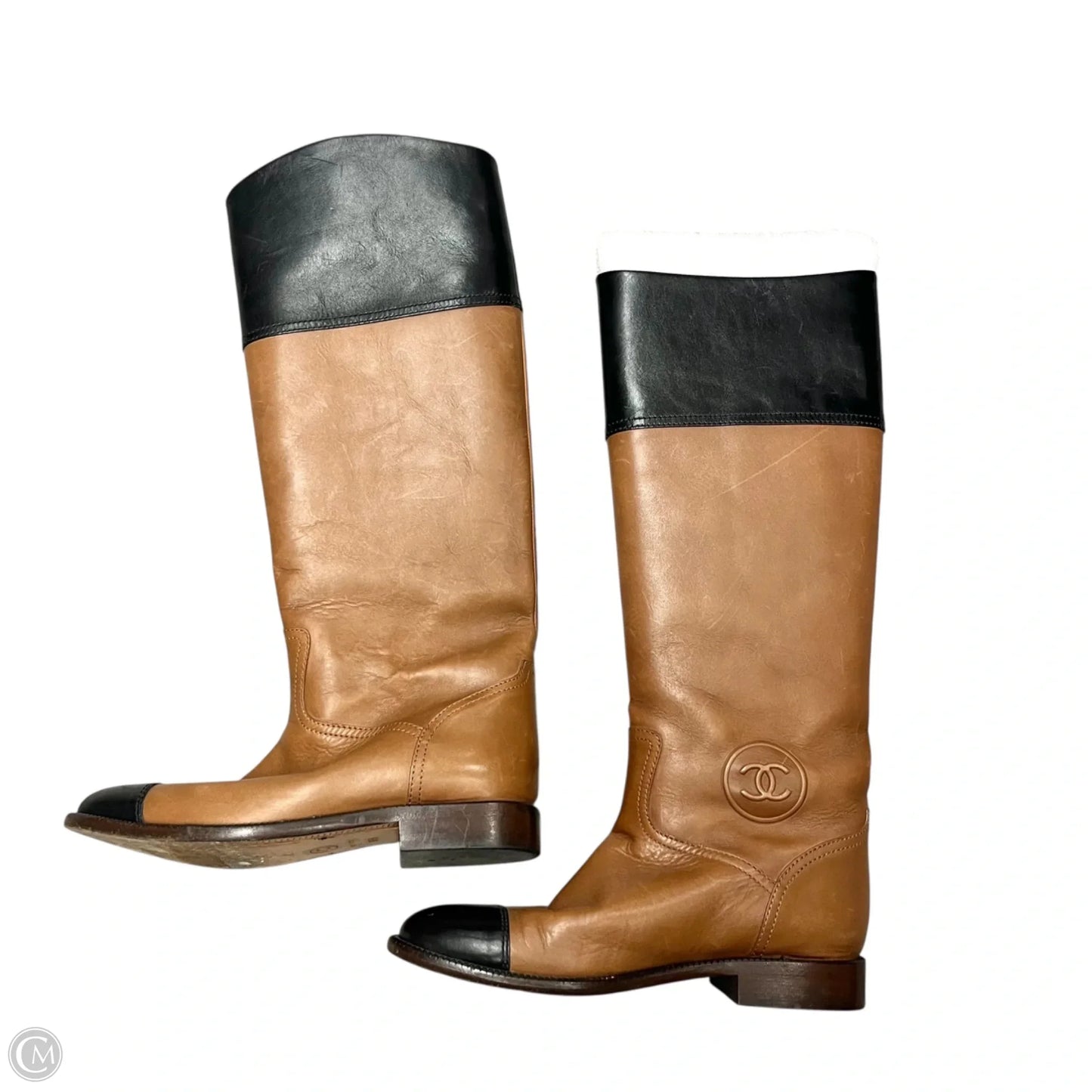 Boots Luxury Designer By Chanel In Brown, Size: 6.5
