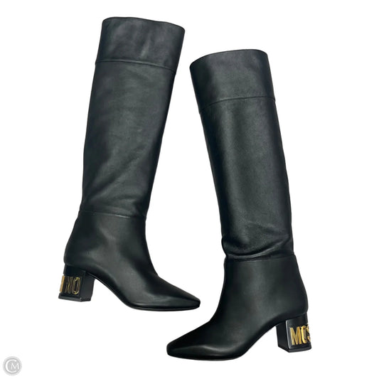Boots Luxury Designer By Moschino In Black & Gold, Size: 8.5