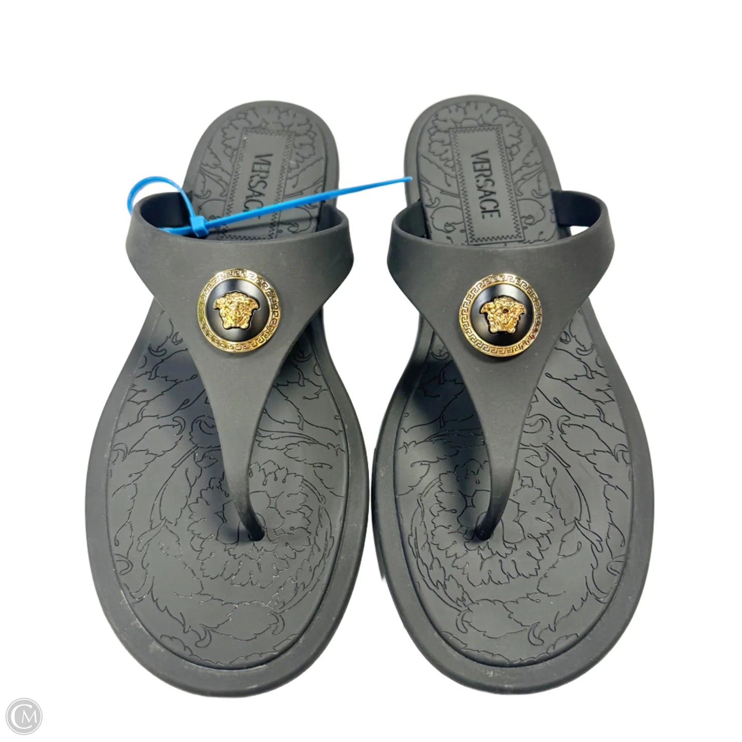 Sandals Luxury Designer By Versace In Black, Size: 10.5