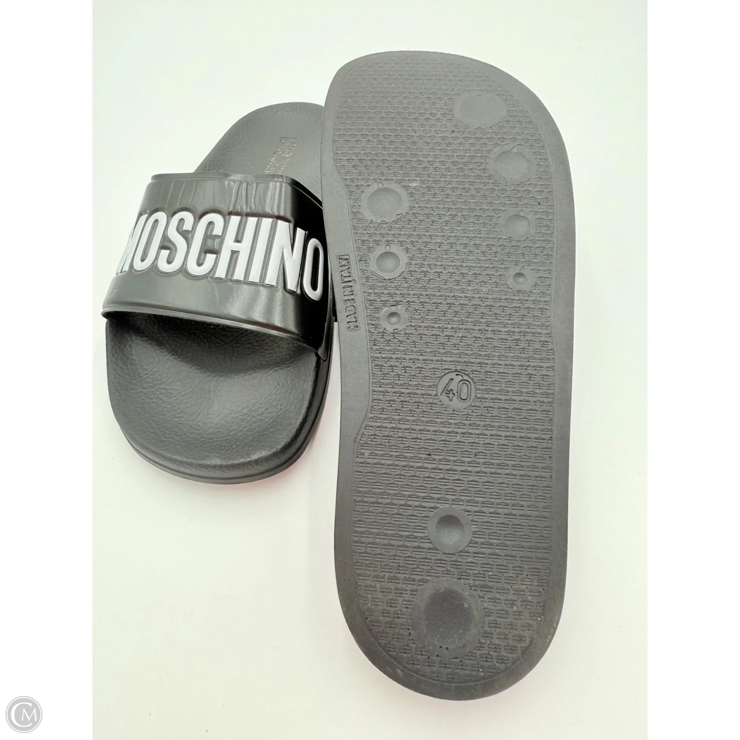 Sandals Luxury Designer By Moschino In Black, Size: 10