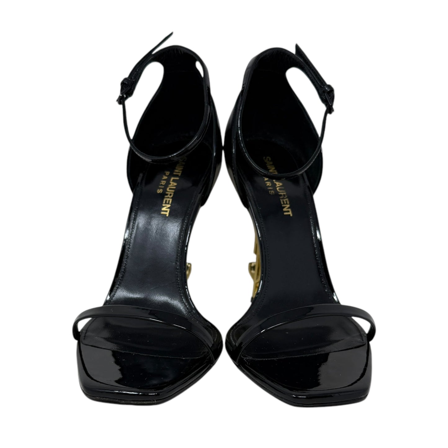 Opyum 110 Cassandre Heel Sandals Luxury Designer By Yves Saint Laurent In Black & Gold, Size: US 8/IT 38