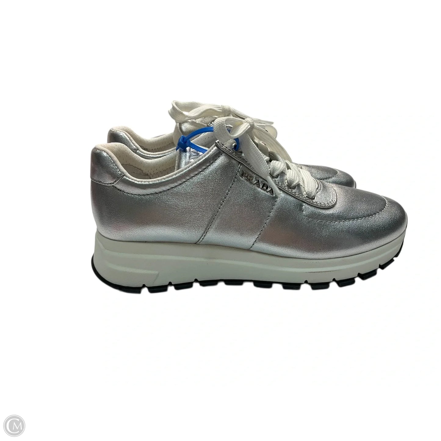 Shoes Luxury Designer By Prada In Silver, Size: 7.5