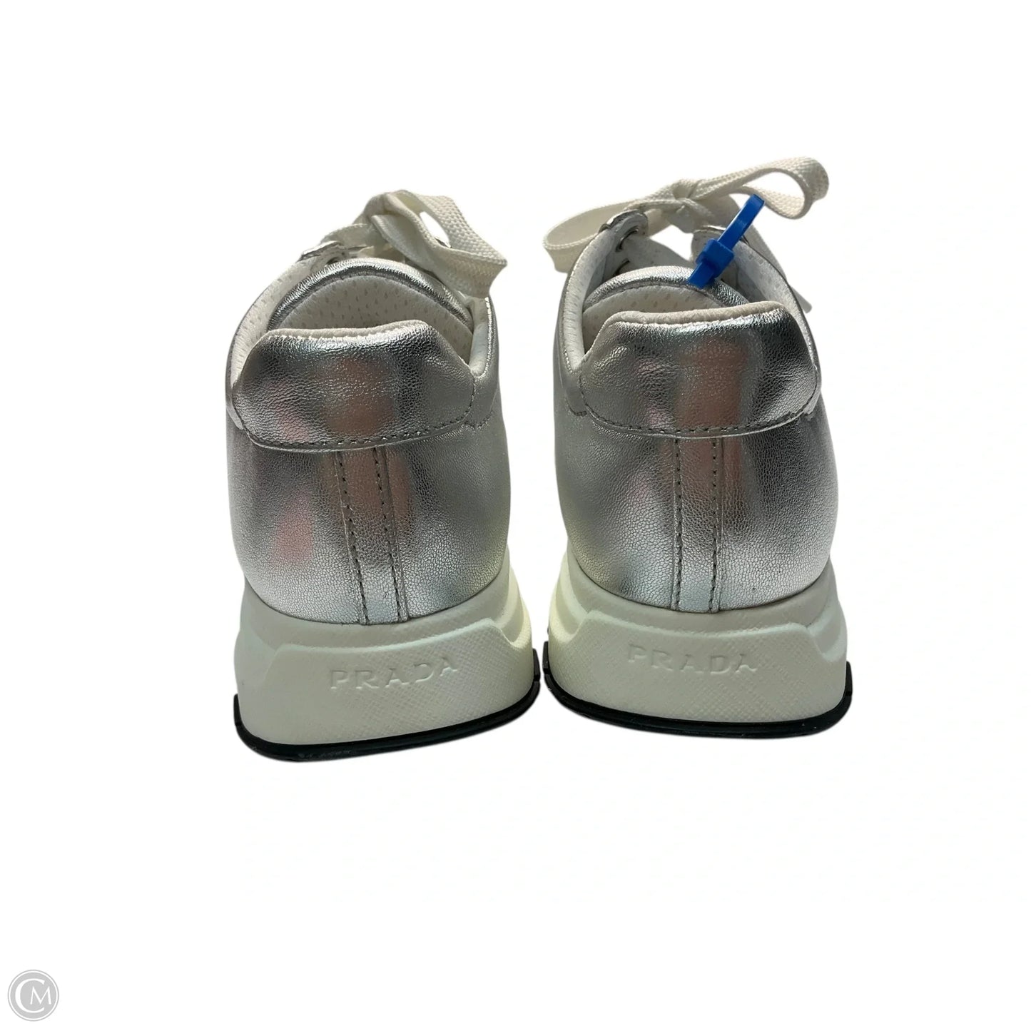 Shoes Luxury Designer By Prada In Silver, Size: 7.5