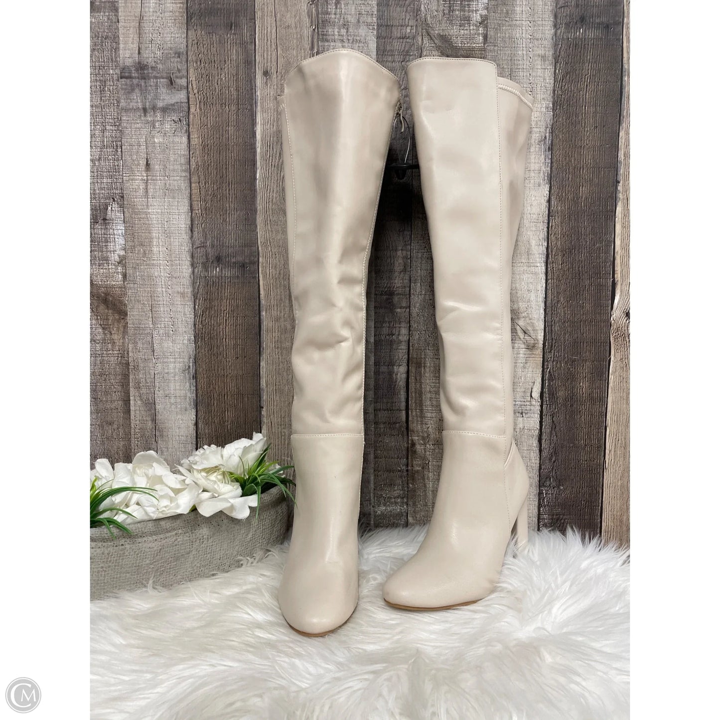 Boots Knee Heels By Top Moda In Cream, Size: 6.5