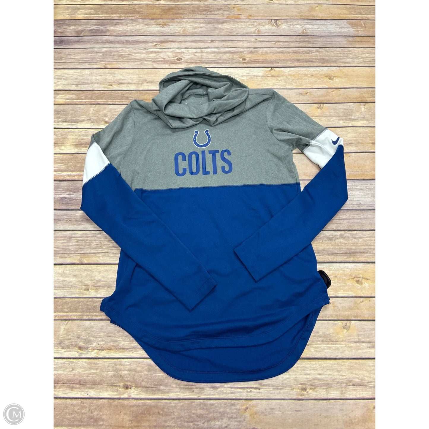 Athletic Top Long Sleeve Collar By Nike In Blue & Grey, Size: S