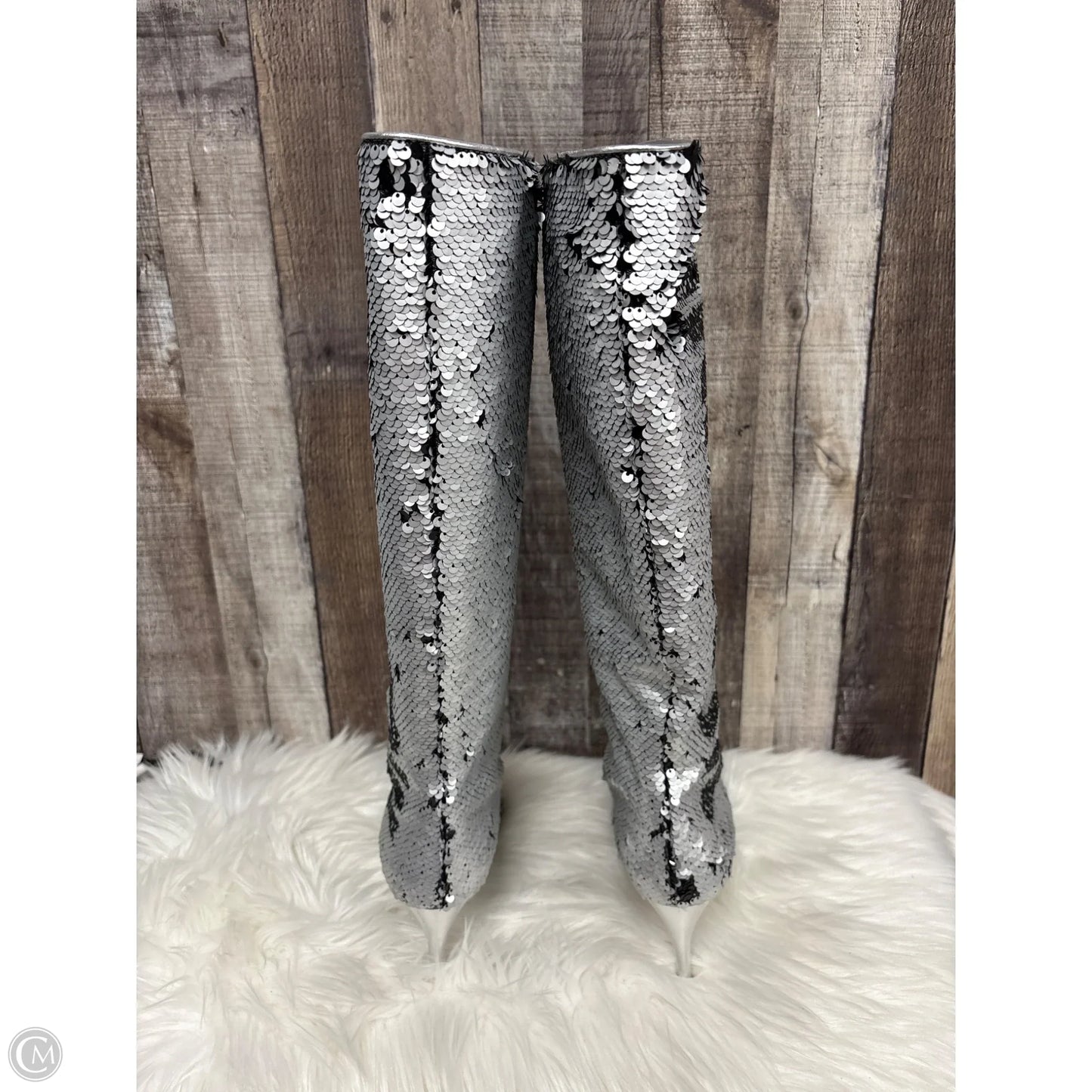 Boots Luxury Designer By Moschino In Silver & Tan, Size: 10