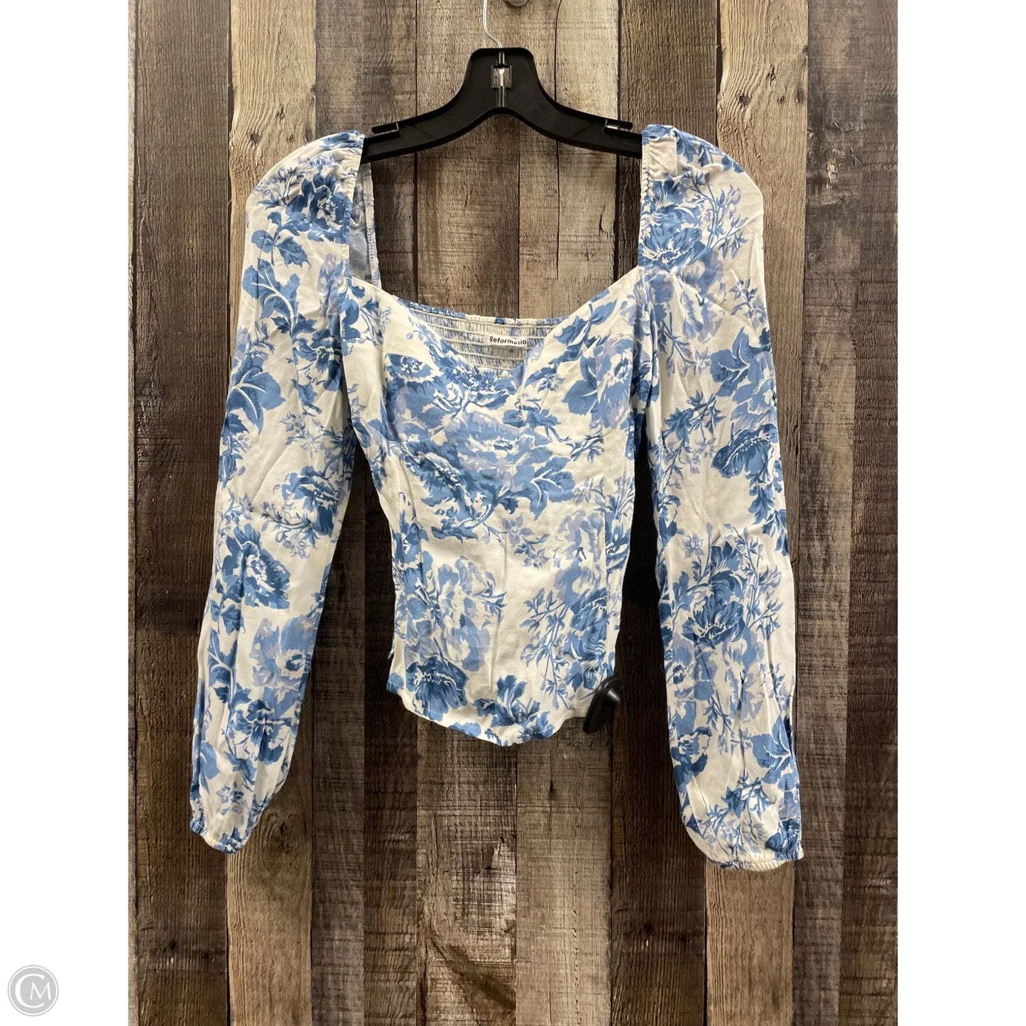 Top Long Sleeve By Reformation In Blue & White, Size: Xs