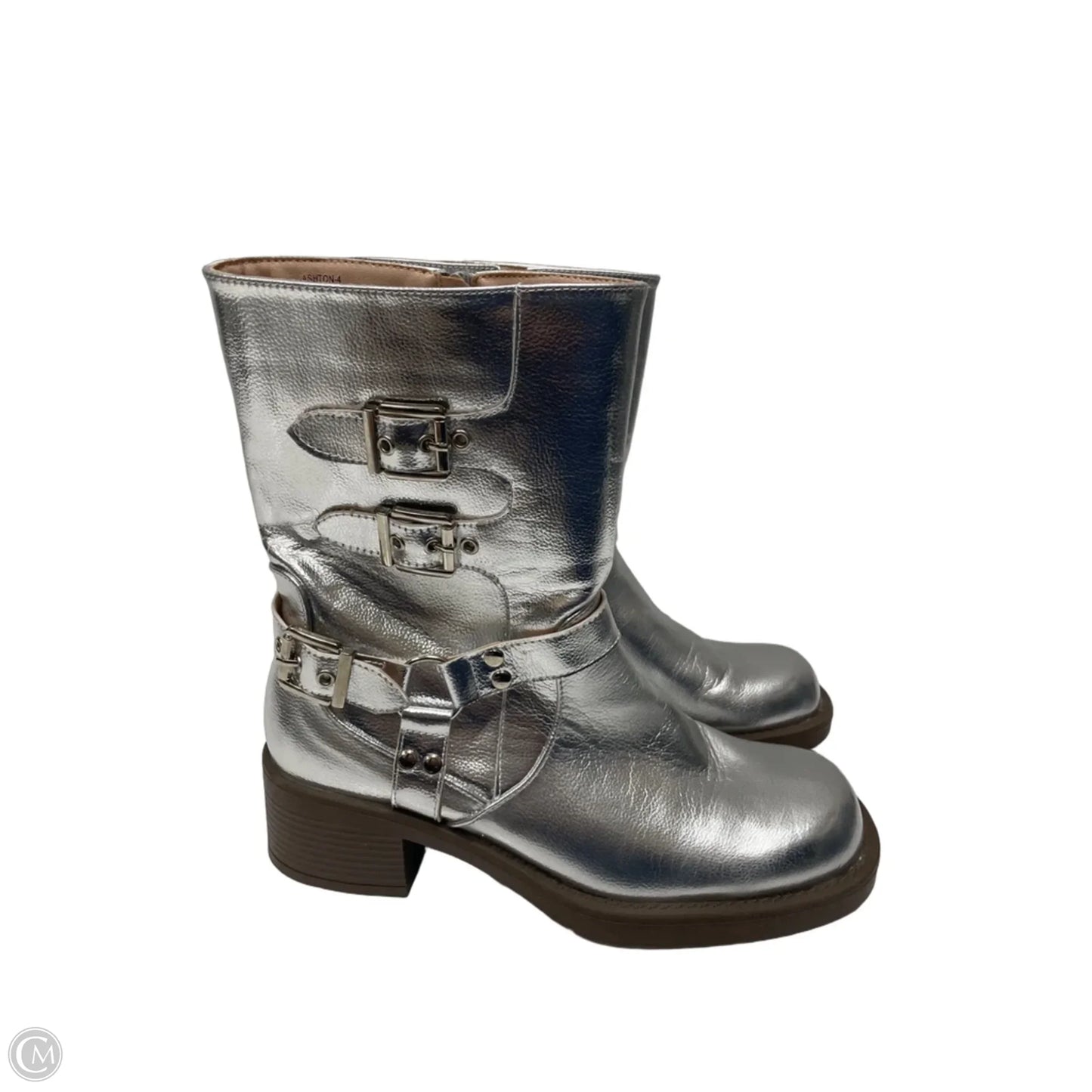 Boots Ankle Heels By Chase & Chloe In Silver, Size: 9