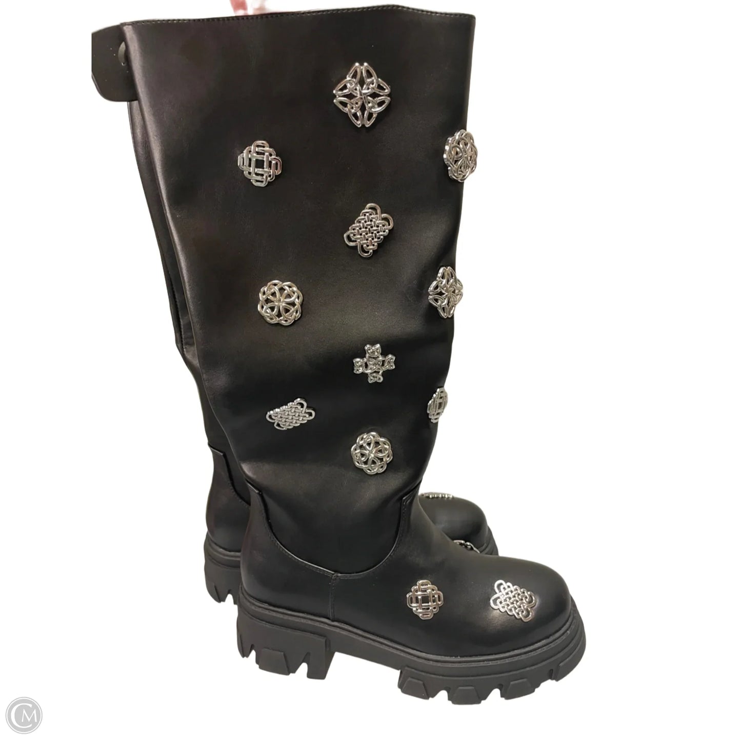 Boots Mid-calf Flats By Clothes Mentor In Black & Silver, Size: 8