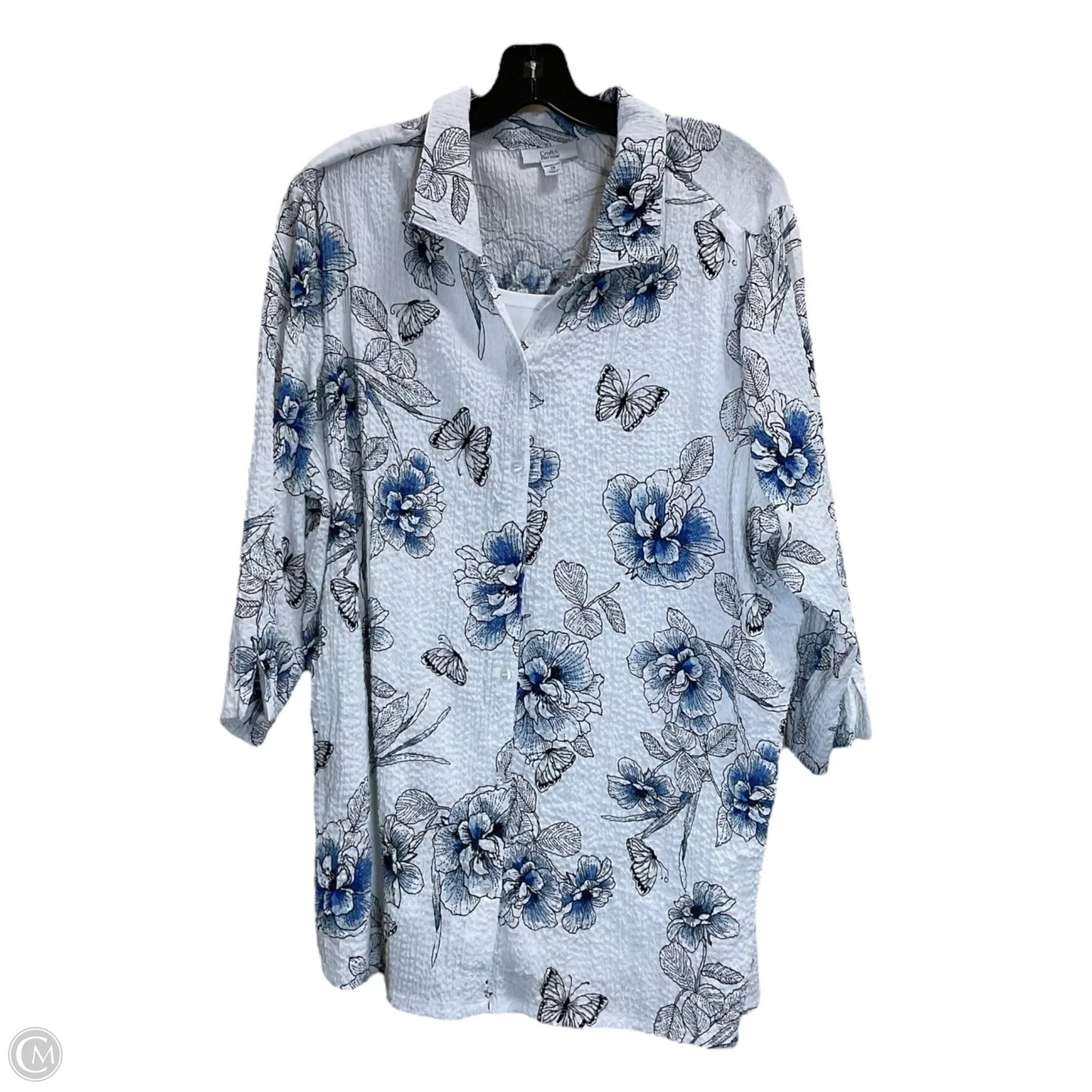 Blouse 3/4 Sleeve By Croft And Barrow In Blue & White, Size: 2x