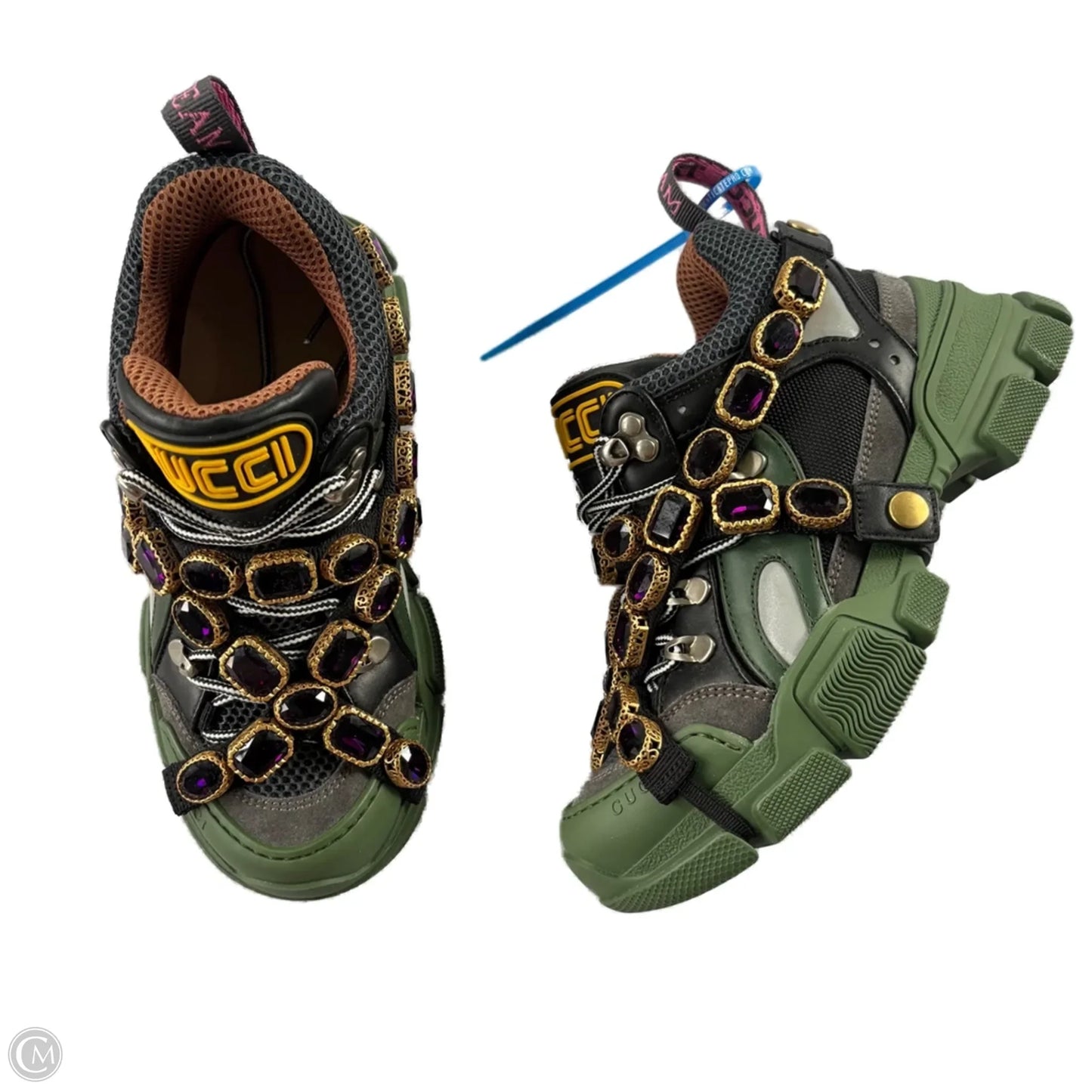 Shoes Luxury Designer By Gucci In Black & Green, Size: 5.5