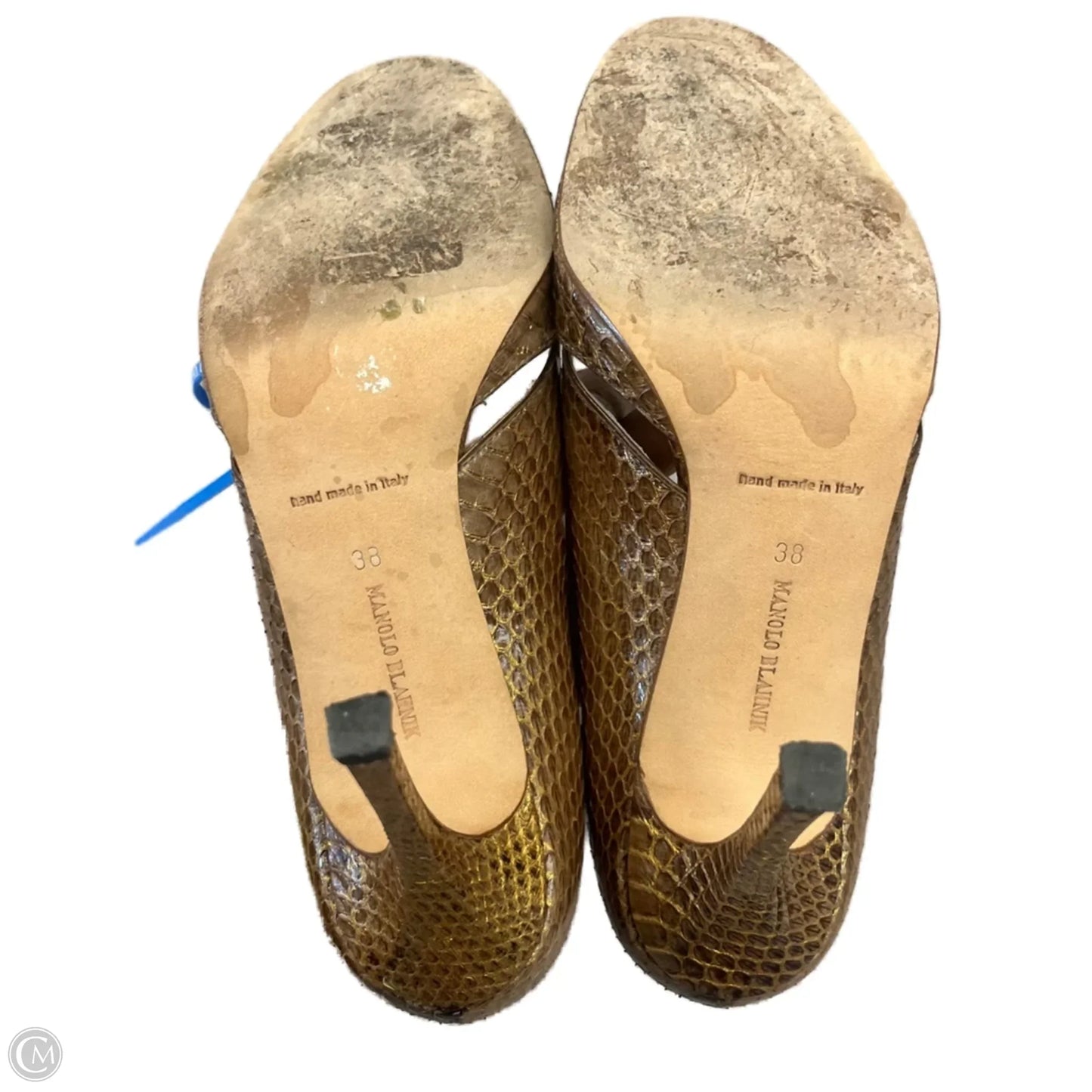 Sandals Luxury Designer By Manolo Blahnik In Gold, Size: 7.5