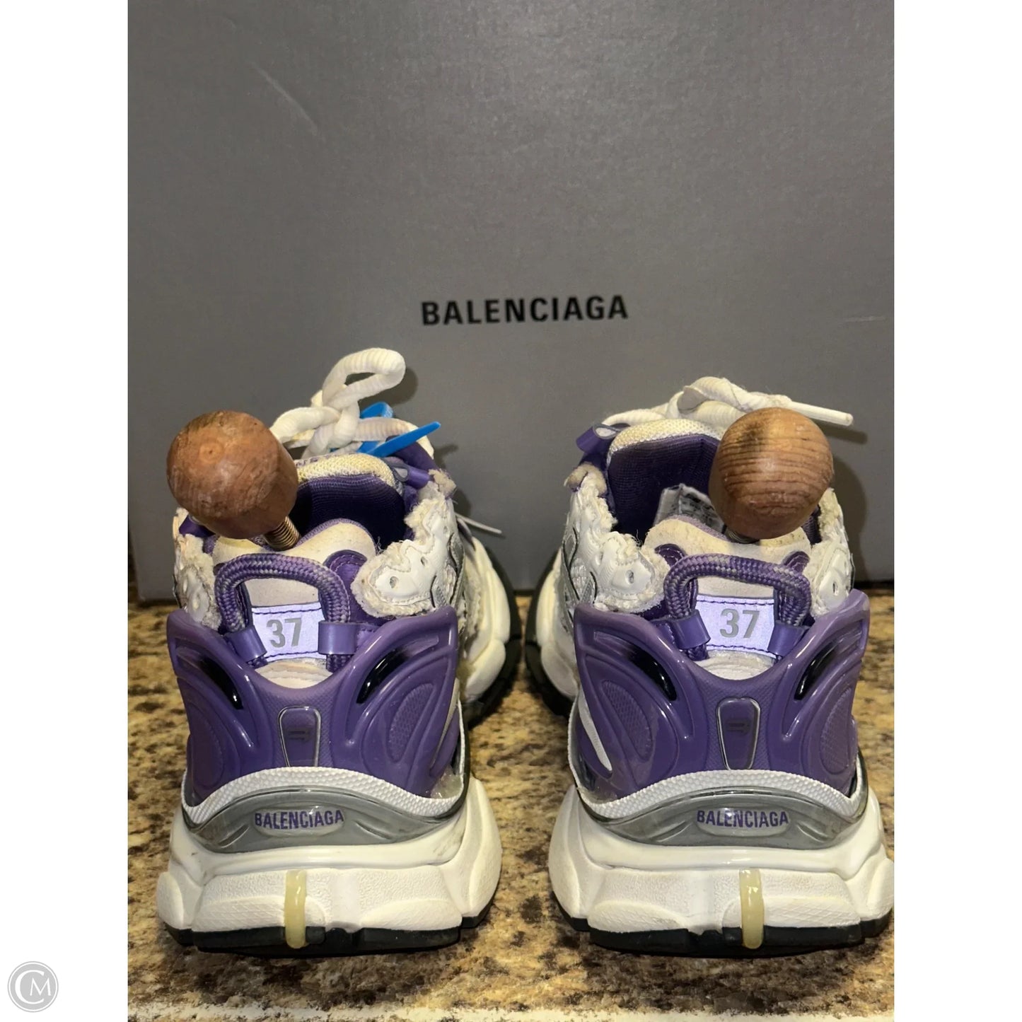 Shoes Luxury Designer By Balenciaga In Purple & Yellow, Size: 6.5