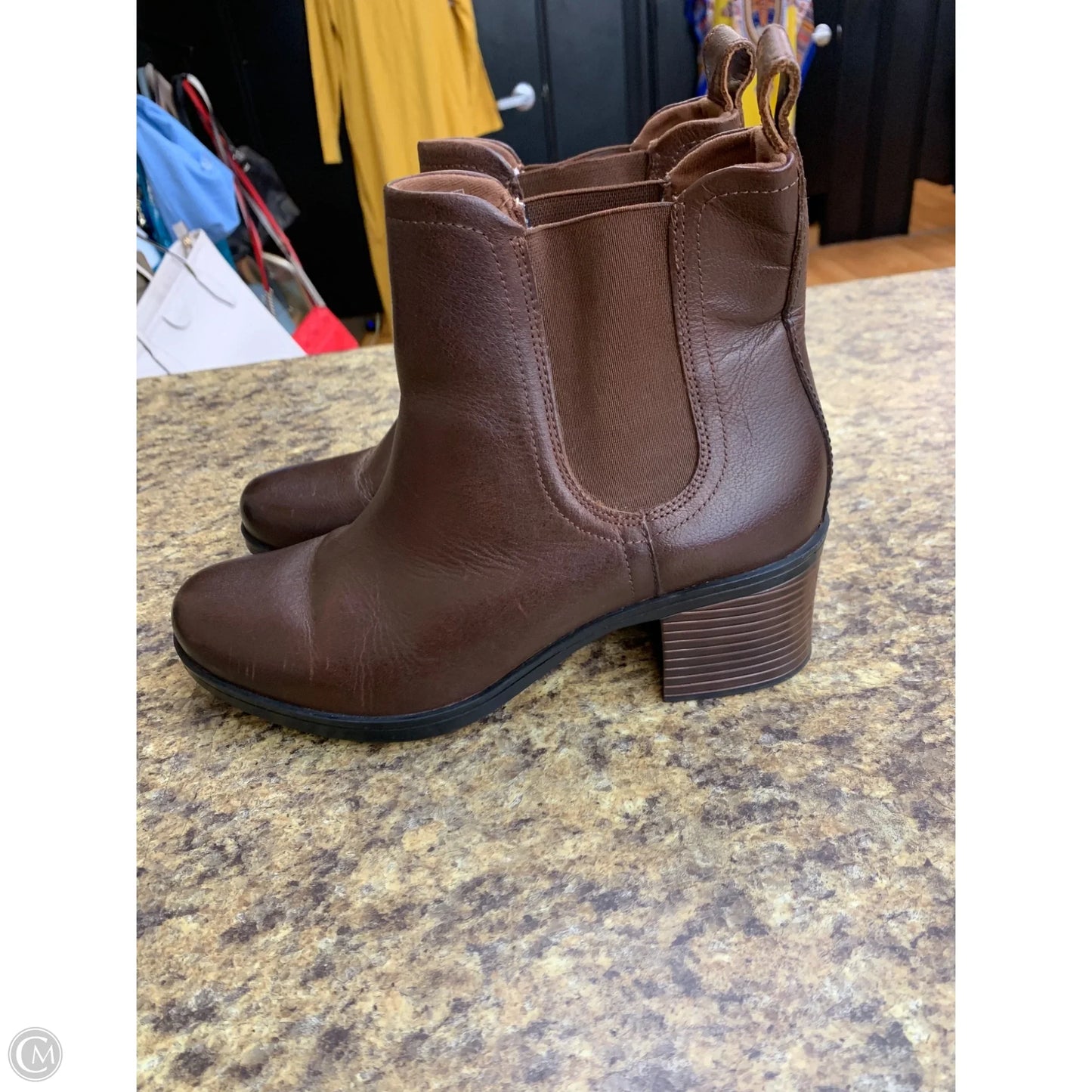 Boots Ankle Heels By Clarks In Brown, Size: 8