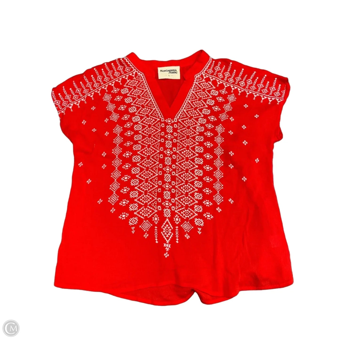Blouse Short Sleeve By Savanna Jane In Red & White, Size: L