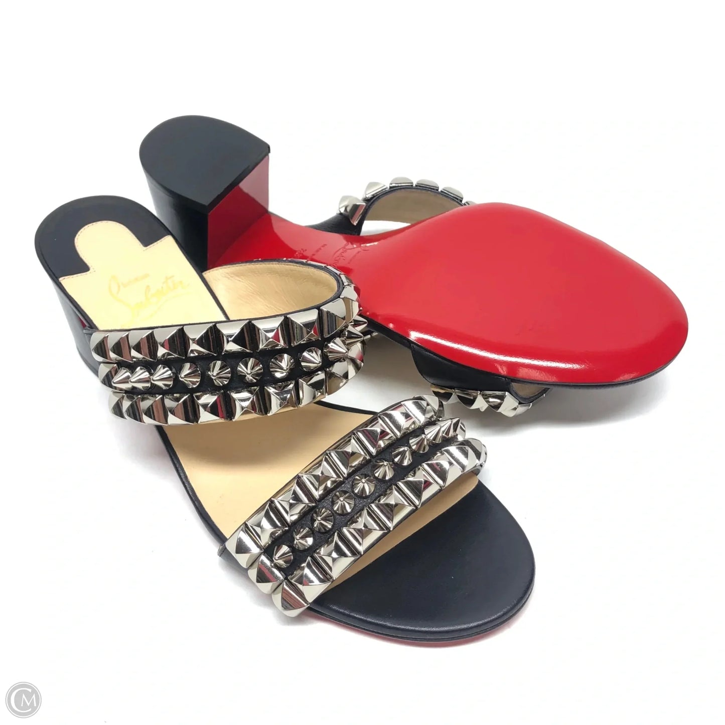 Shoes Luxury Designer By Christian Louboutin In Black & Silver, Size: 8