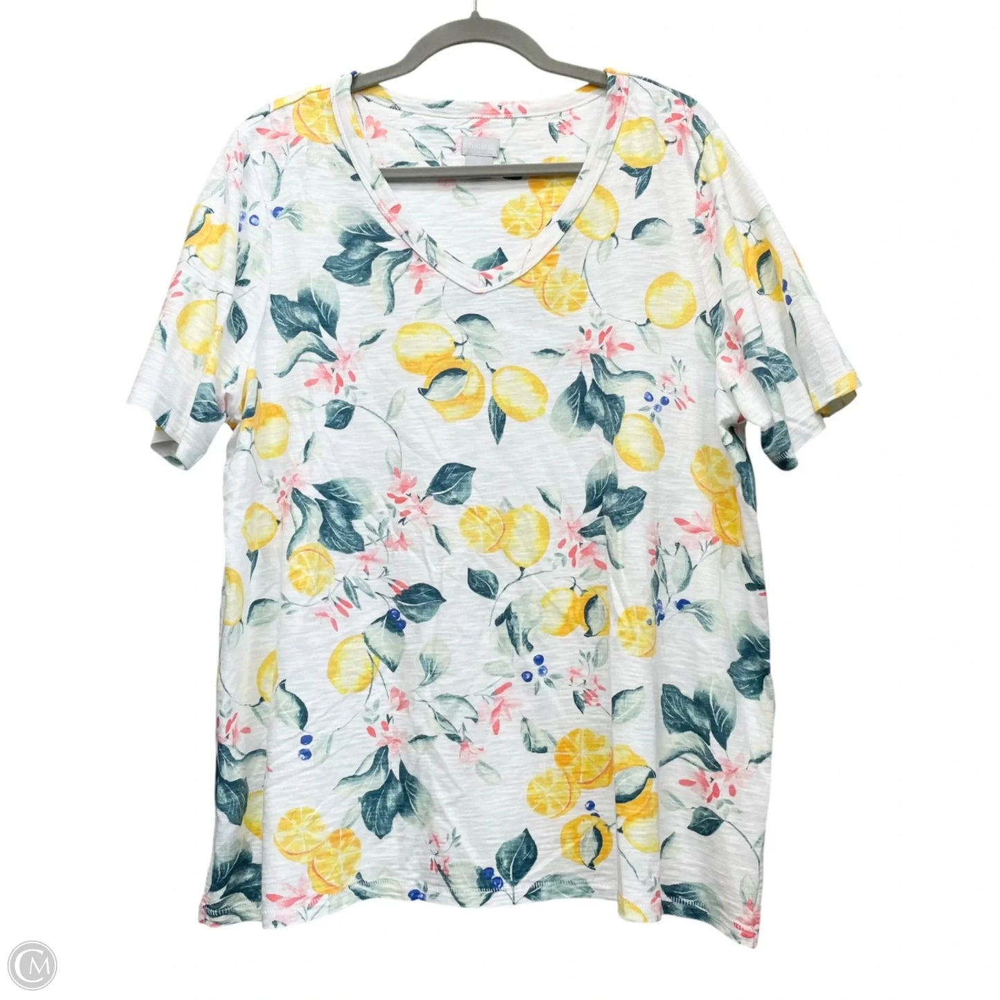 Top Short Sleeve Basic By Chicos In White & Yellow, Size: Xl