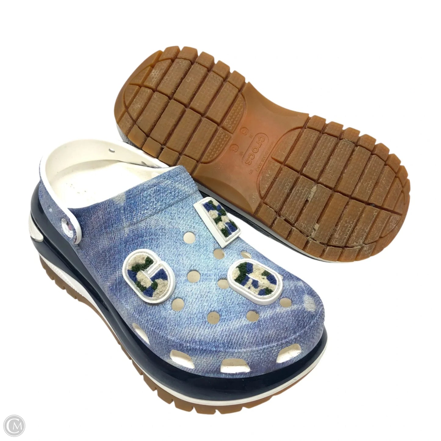 Sandals Heels Platform By Crocs In Blue & White, Size: 8