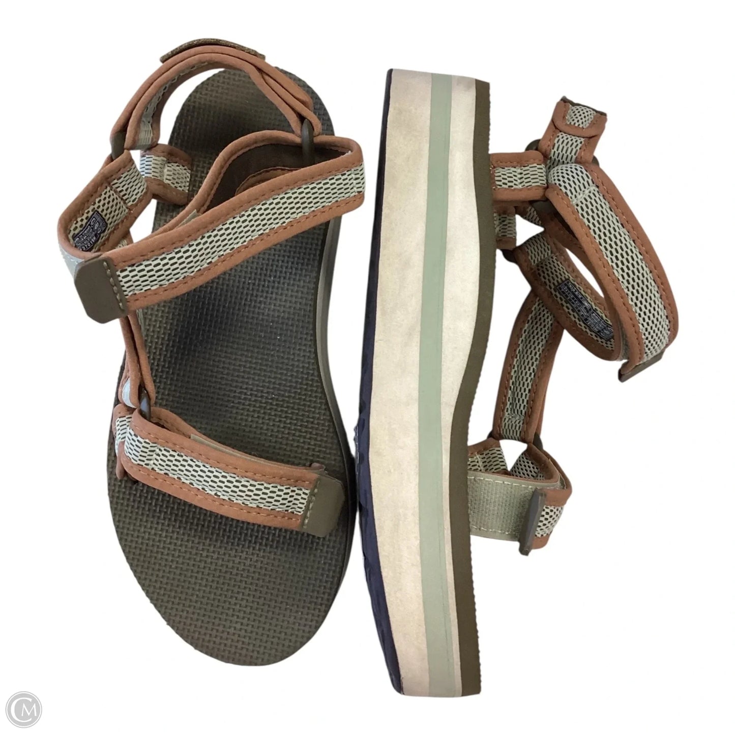 Sandals Heels Wedge By Teva In Green & Tan, Size: 7