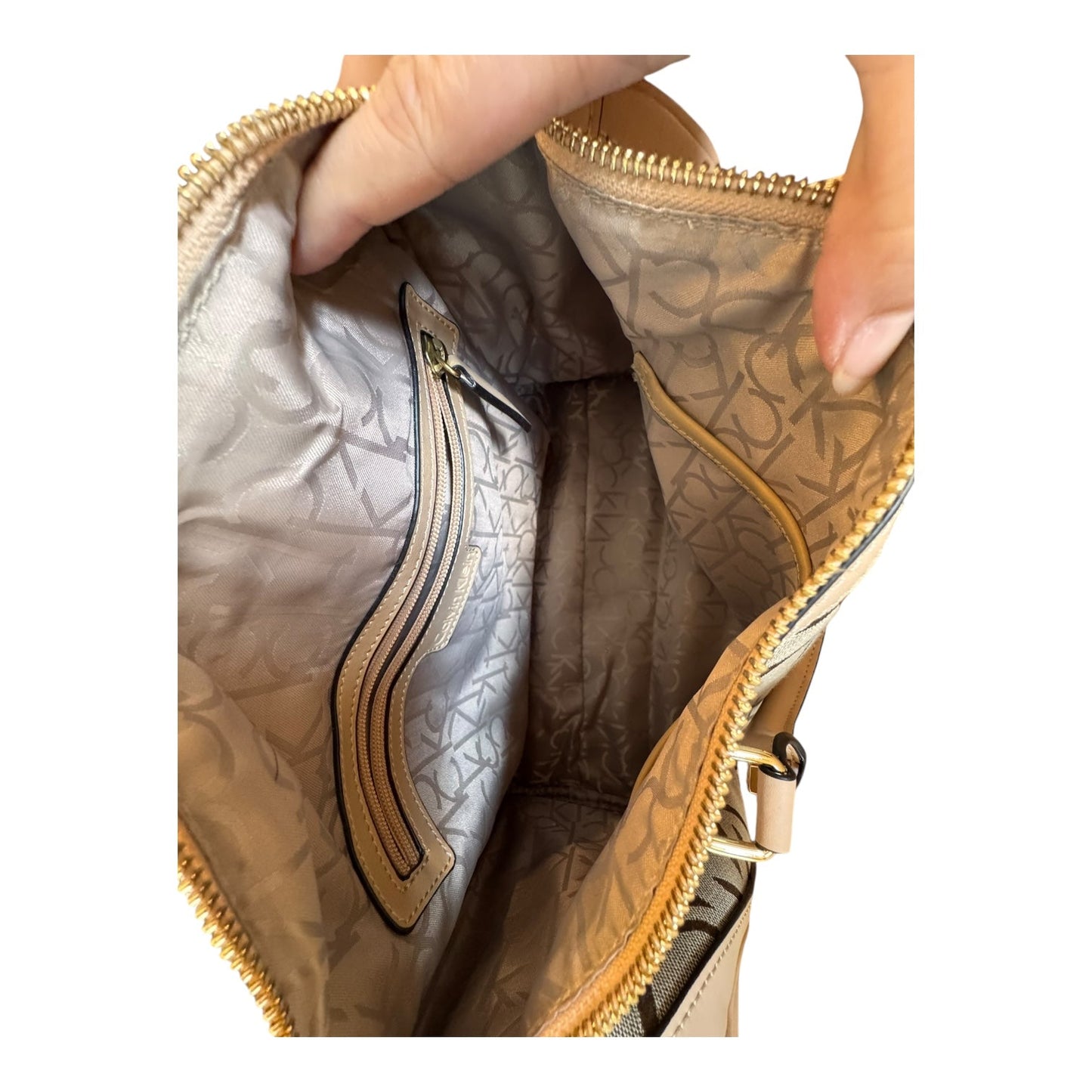 Handbag By Calvin Klein In Brown & Cream, Size:Medium