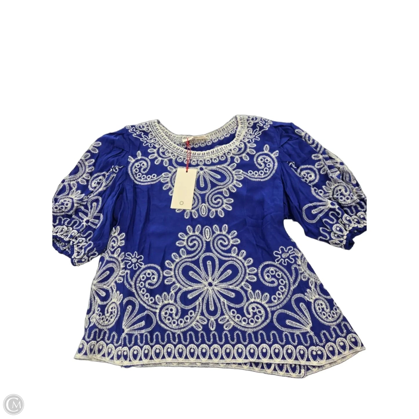 Blouse Short Sleeve By Solitaire In Blue & White, Size: S