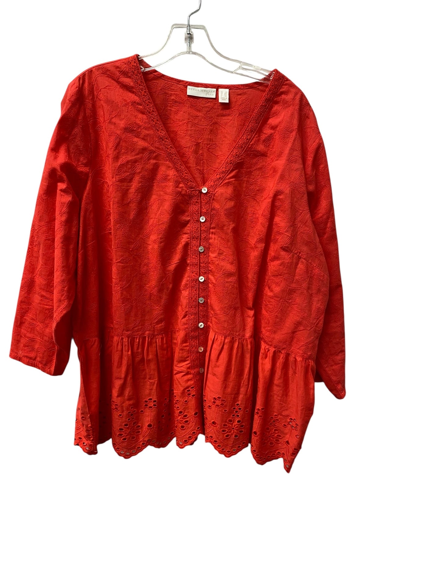 Top 3/4 Sleeve By Susan Graver In Red, Size:2X