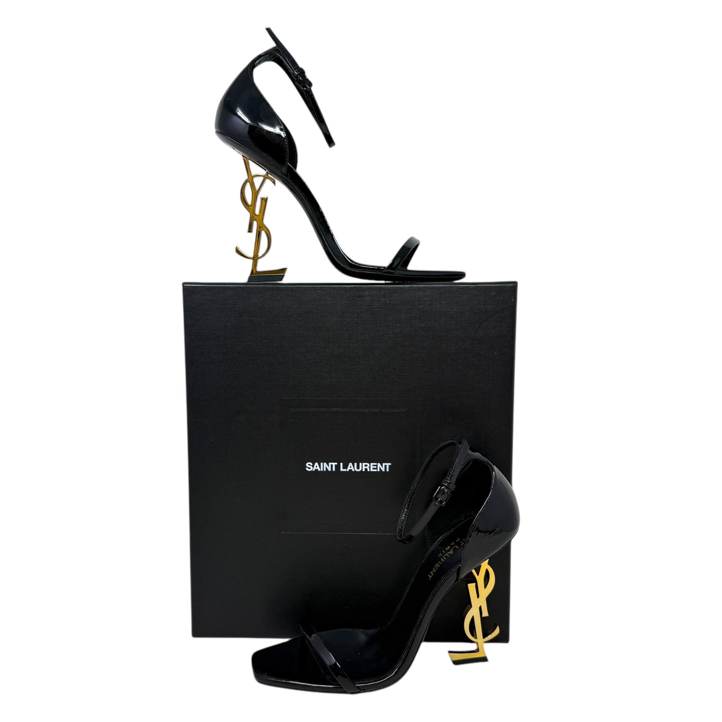 Opyum 110 Cassandre Heel Sandals Luxury Designer By Yves Saint Laurent In Black & Gold, Size: US 8/IT 38