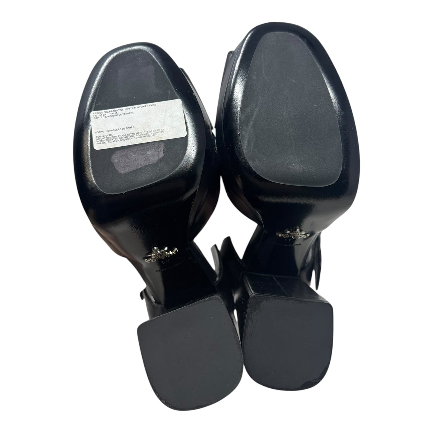 Platform Buckle Block Heels Shoes Luxury Designer By Prada In Black, Size: 11 (IT 41)