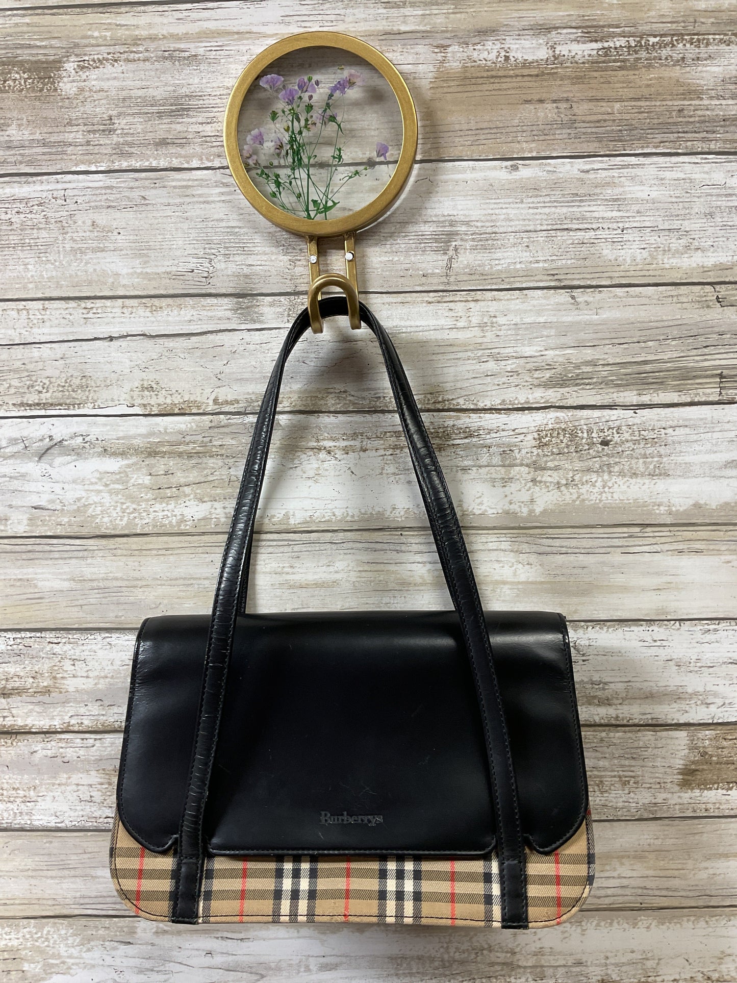 Handbag Luxury Designer By Burberry In Black & Tan, Size:Small