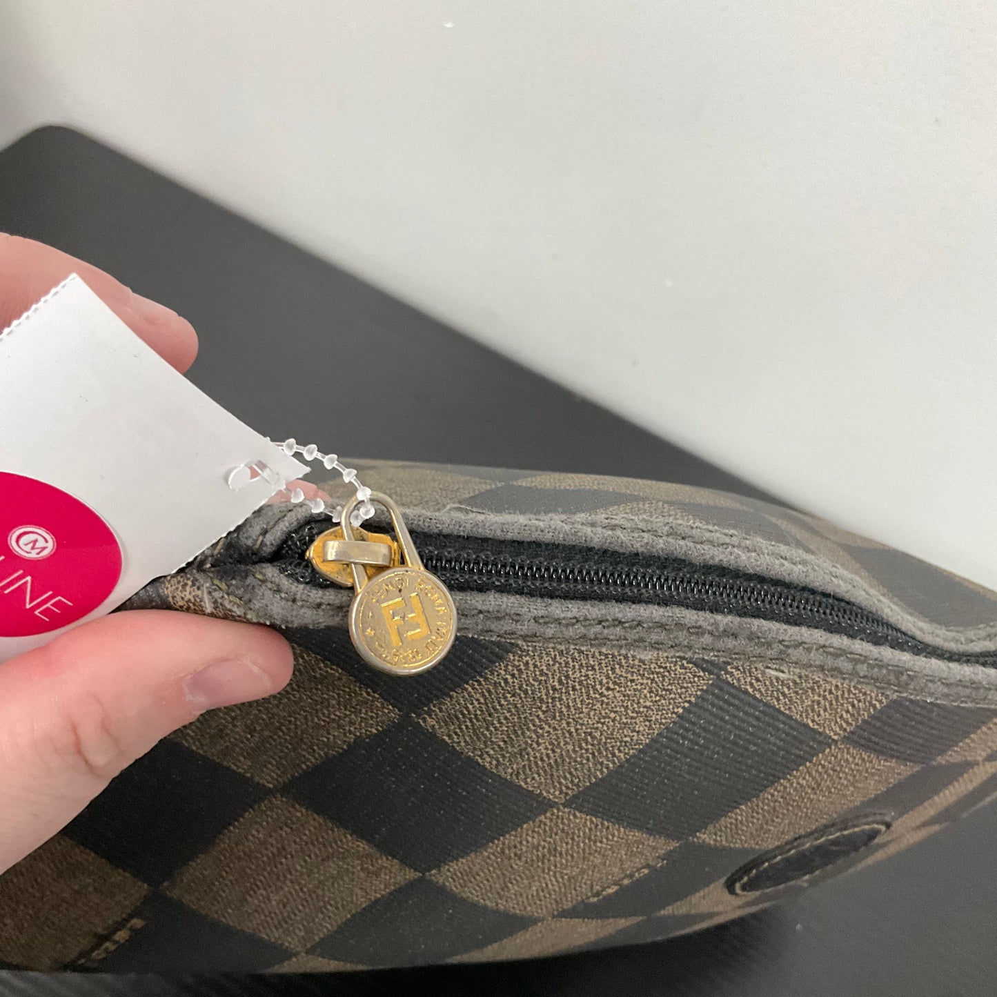 Makeup Bag Luxury Designer by Fendi In Checkered Pattern, Size: Medium