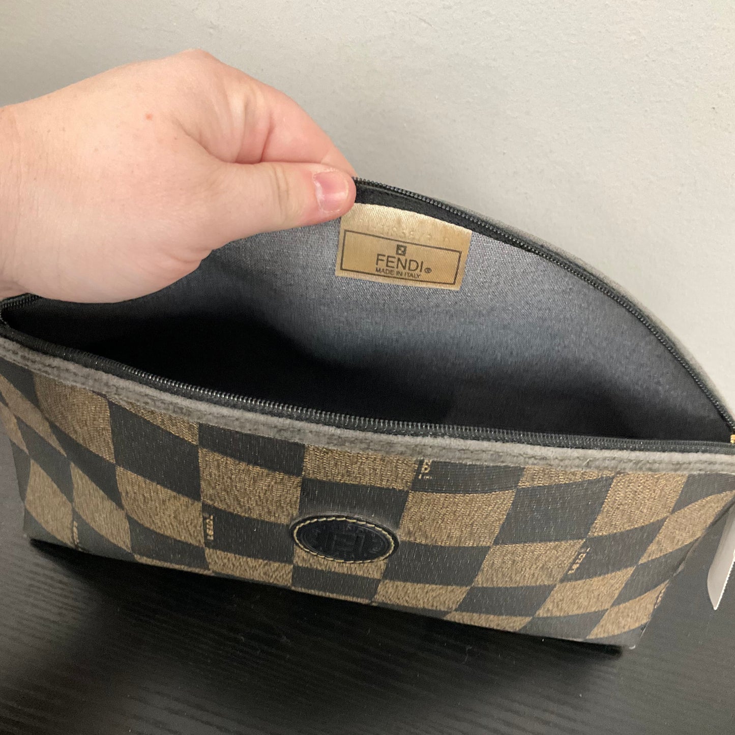 Makeup Bag Luxury Designer by Fendi In Checkered Pattern, Size: Medium