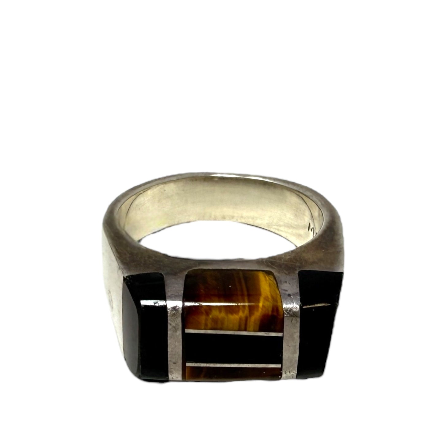 Vintage Sterling Silver Tigers Eye & Onyx Ring, Size: 9