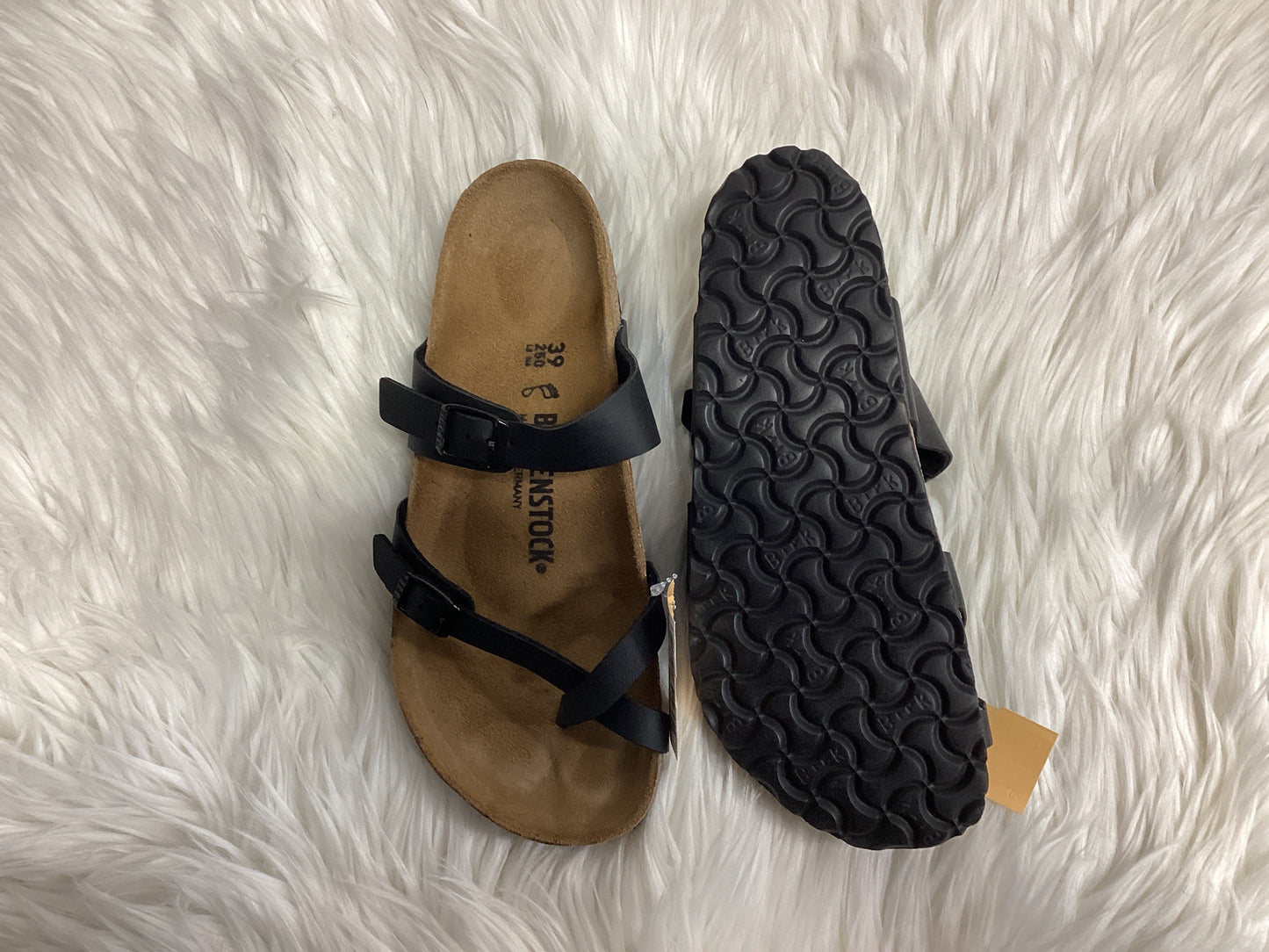 Sandals Flats By Birkenstock In Black & Tan, Size:8