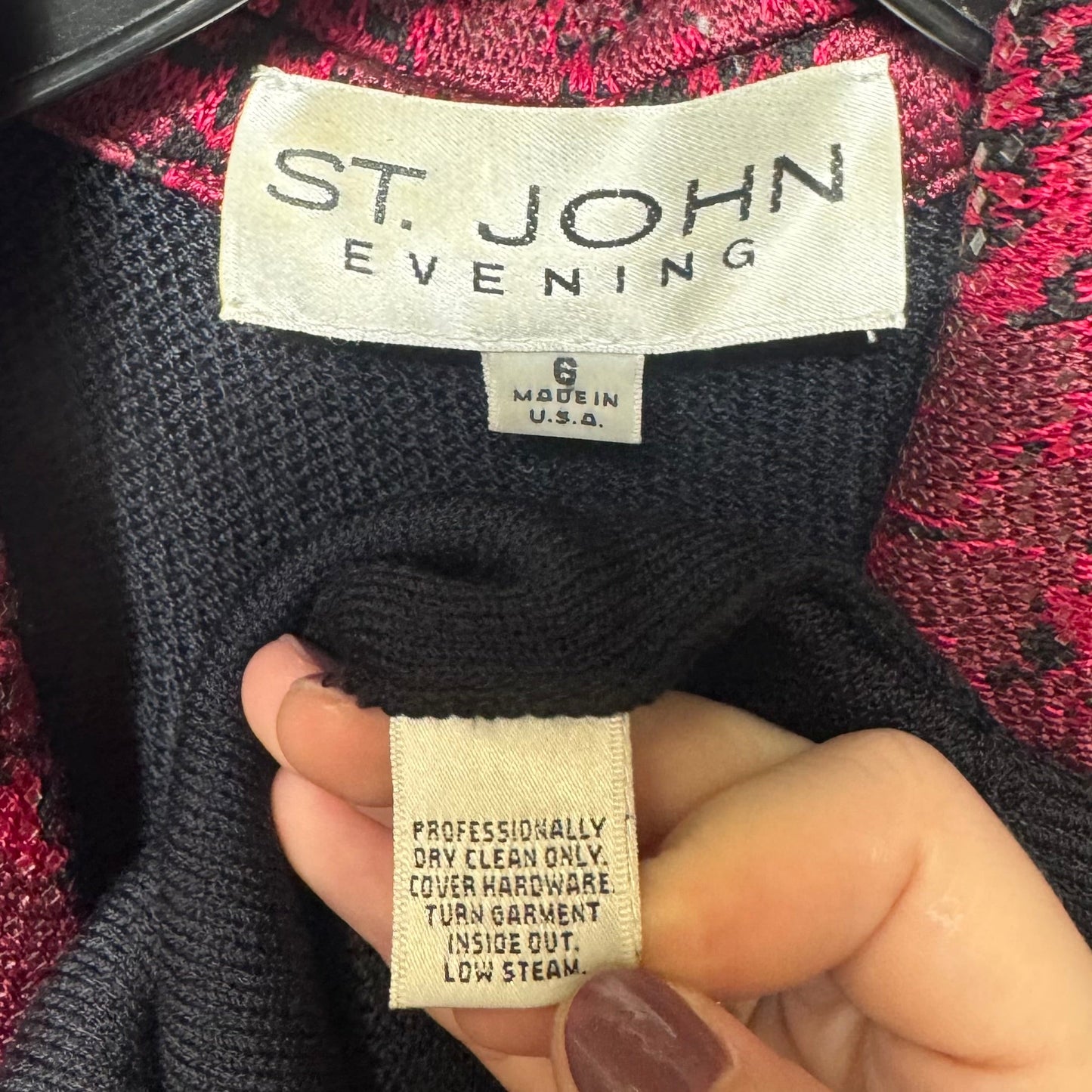 Snakeskin Paillette Trim Blazer Luxury Designer By St John Collection In Black & Red, Size: 6