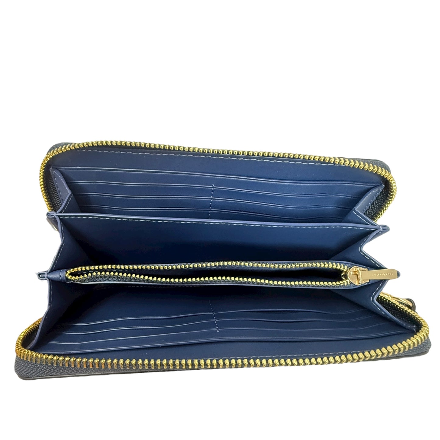 Long Zip Around Wallet Wristlet Designer By Coach In Gold Deep Blue, Size: Medium